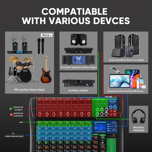 MIZISNR Audio Mixer 8 Channel, Professional Music Sound Mixer Board with Reverb, Digital DJ Mixing Console with 48V Phantom Power USB Port Bluetooth for Recording Karaoke Podcasting (AX-80)
