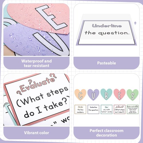 Mooliwe 10 Pcs Math Bulletin Board Set for Classroom Cubes Math Poster Back to School Bulletin Board Keywords Paper Cutouts Problem Solving Poster for 2025 New School Years Wall Elementary Preschool
