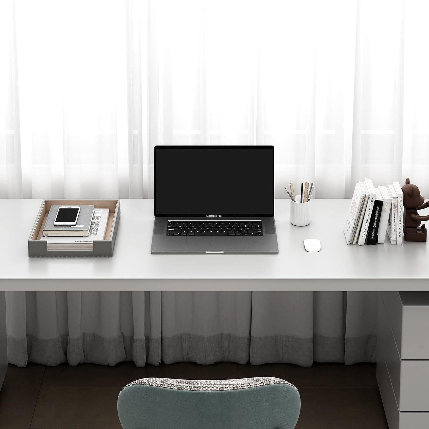 THIPOTEN Leather Letter Tray - Elegant Desk Organizer for Office Supplies & Mail | Grey Finish