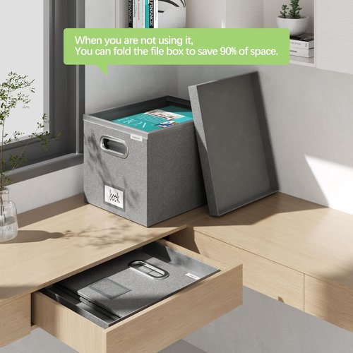 GRSQYS File Organizer Box - File Boxes for Hanging Files with Lid Set of 2 Decorative Hanging Folders Letter Size Organizer with One-Piece Plastic Frame Slides (Grey, 13.2 * 10.1 * 10.1in(2Pack))