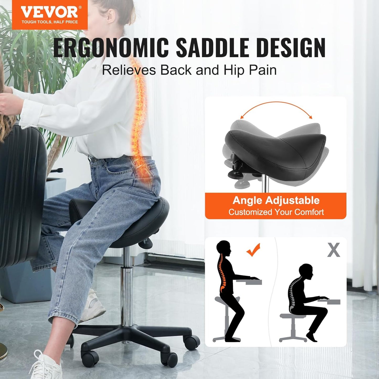 VEVOR Saddle Stool - Height Adjustable Swivel Chair with Wheels | 400 LBS Capacity, Black PU Leather