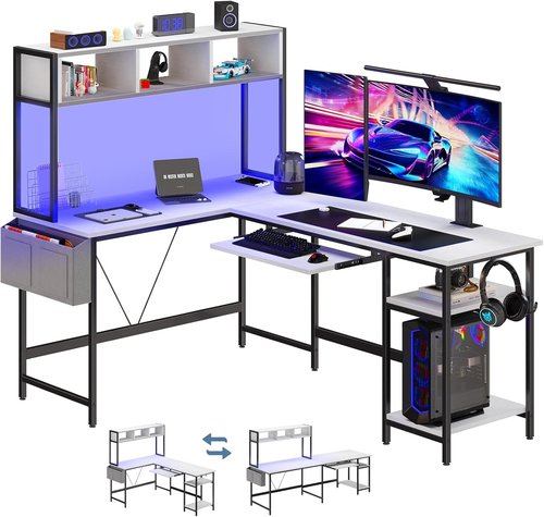 DUMOS L-Shaped Gaming Desk - 67” Reversible Computer Desk with LED Lights & Storage | White Finish