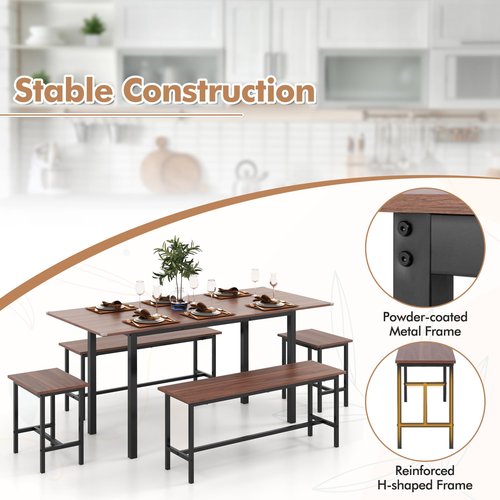 Giantex Dining Table Set for 4-6, 5-Piece Kitchen Table Chairs Set, 63” Extendable Table with 2 Benches, 2 Stools, Dinette Table Set, Breakfast Nook Table Set, Dining Room Table Set (Walnut)