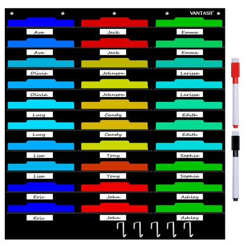 Vantasii Organization Center Pocket Chart, Wall File Organizer Folder with 30 File Pockets, 30 Dry-Erase Cards Plus 5 Over The Door Hooks and 8 Wall Hooks, 47 X 42 inch