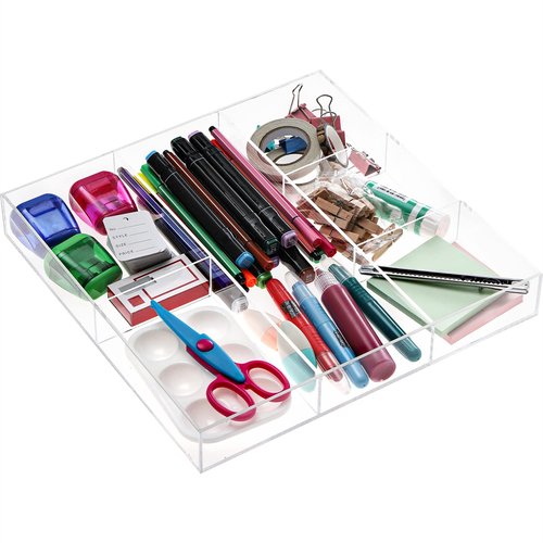 Peohud 2 Pack Acrylic Drawer Organizer Tray, 6/3 Section Clear Makeup Tray Organizer for Drawer, Junk Drawer Storage for Office Desk Supplies and Accessories