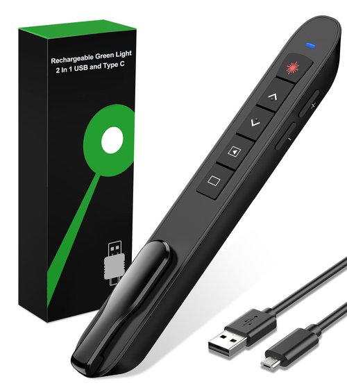 Presentation Clicker Green Laser Pointer, Rechargeable PowerPoint Clicker Wireless Presenter Remote, RF 2.4GHz USB Presentation Pointer Slide Advancer with Hyperlink Volume Control for Mac Computer