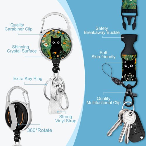 Black Cat Flower Lanyards for Id Badges, Id Badge Holder Heavy Duty and Retractable Keychain, Cute Badge Reel with 360 Degrees Rotate Carabiner Clip, Women Student Daily Office
