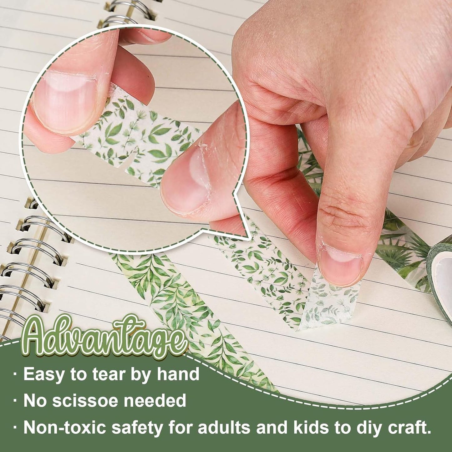 Whaline Washi Tape Set - 12 Rolls of Green Leaves & Assorted Plant Designs for Scrapbooking & DIY Crafts