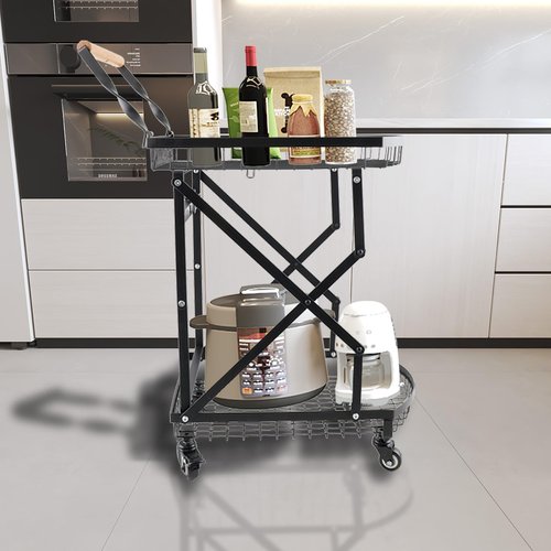 QAVODB Multi Functional Collapsible Carts, 2-Tier Foldable Storage Cart Metal Utility Cart with 360° Rolling Swivel Wheels Folding Kitchen Storage Organzier Cart for Classroom Bedroom Living Room
