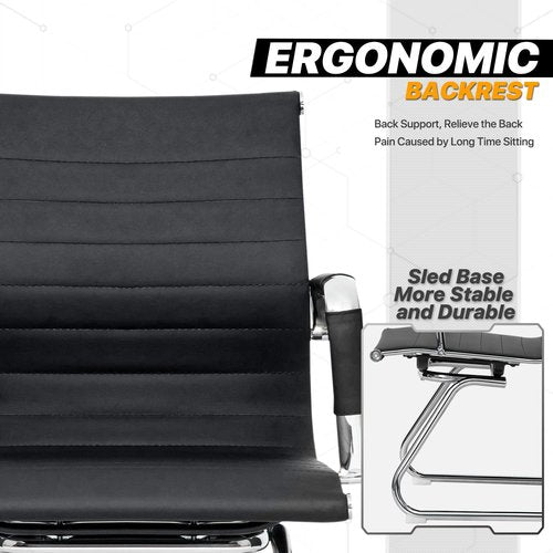 MoNiBloom Office Guest Chair Without Wheels PU Leather Mid-Back Sled Base Chairs for Reception Desk Waiting Meeting Conference Room, 2 Piece, Black