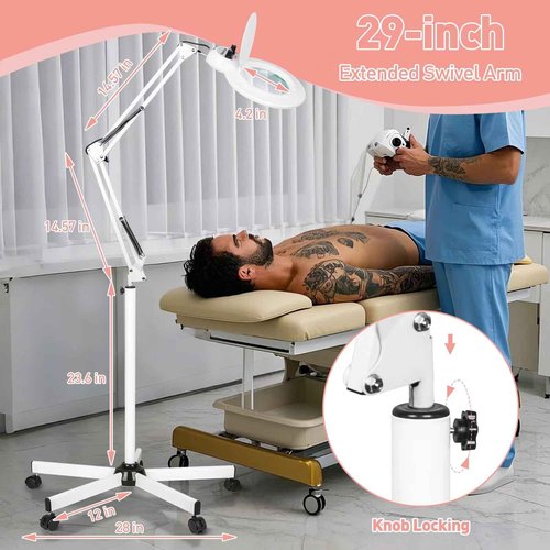 KUVRS 10X Magnifying Floor Lamp with Light, 5 Wheel Rolling Base Esthetician Light, 2200 Lumens Infinite Warm & Cold Dimming LED Magnifier, Standing Mag Lamp for Sewing Drawing Crafts Facial Nail