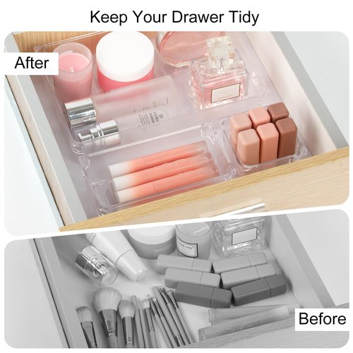 AMEITECH 7 PCS Clear Drawer Organizer Set, 4 Sizes Acrylic Drawer Storage Trays, Plastic Desk Drawer Organizer for Office, Storage Bins for Makeup, Vanity, Bedroom, Kitchen Gadgets Utensils