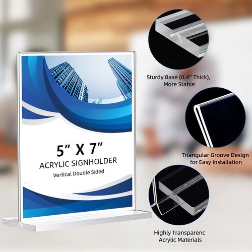 12 Pack Acrylic Sign Holder 5 x 7, Double-Sided Clear Sign Holder Plastic Stands for Display, T Shape Acrylic Table Sign Stands for Office Store Restaurants Wedding Party Decoration