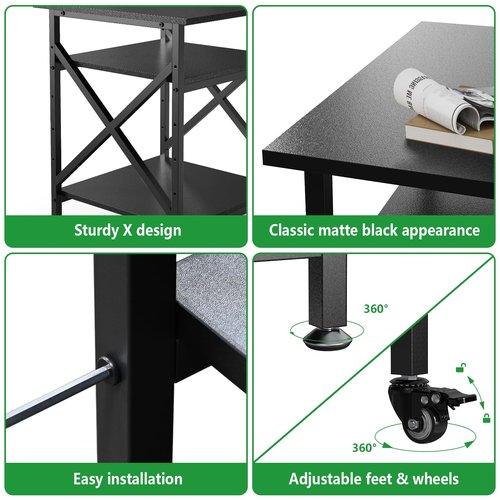 Ollieroo 3 Tier Printer Stand, Large Table with Wheels, Rolling Cart with Height Adjustable Middle Storage Shelf, 23.6 x 23.6 x 30.3 Inches Shelf for Home Office, Black