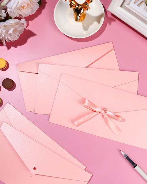 EORTA 10 Pieces Pink Envelopes with Bow Tie Closure, Paper Greeting Card Holders for Invitations Mail Postcard Bills Wedding Party Favors Business Cards, 8.66 x 4.33 Inches