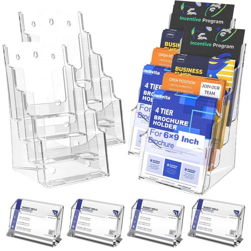 4 Pcs Acrylic Brochure Holder, 6 x9 Inches Flyer Holder, 4 Tier Clear Pamphlet Holder, 6.9 Inch Wide Magazine Literature Organizer Holder, Brochure Display Stand, for Wall Mount or Desktop Use
