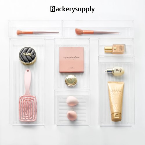 Backerysupply 4 Pack Storage Bins For Bathroom Cosmetic Makeup Vanity Clear Plastic Desk Drawer Organizers Tray Kitchen Utensils Silverware Dividers 15"x6"x2"