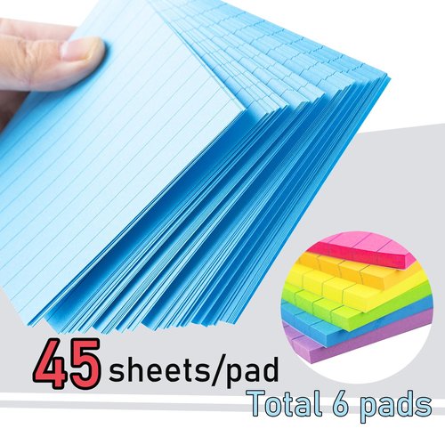 Lined Sticky Notes 4X6 in Bright Ruled Stickies Colorful Super Sticking Power Memo Pads, 45 Sheets/pad, 6 Pads/Pack
