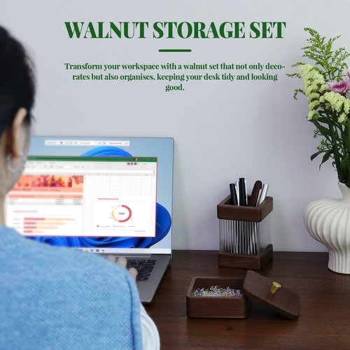 MultiBey 2PCS Walnut Desk Organizer Set, Wooden Pen Holder and Paper Clip Holder Box with Lid, Pencil Cup Pot for Desk, Wood Paper Clip Dispenser, Desktop Storage Accessories Wooden Stationery