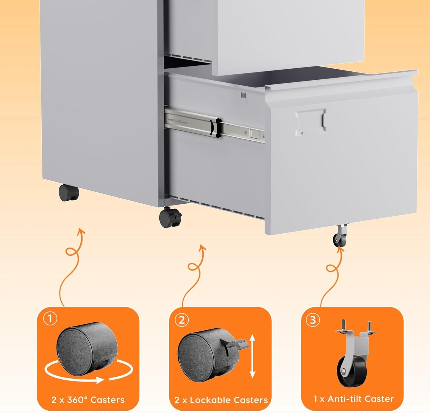 SUXXAN Mobile File Cabinet - Heavy Duty Steel with Lock | 2 Drawers for Letter/Legal Size Files, Anti-Tip Design, 5 Casters
