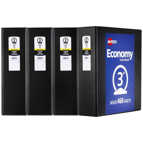 Avery Economy View 3 Ring Binders, 3" Round Rings, 4 Black Binders (03361)