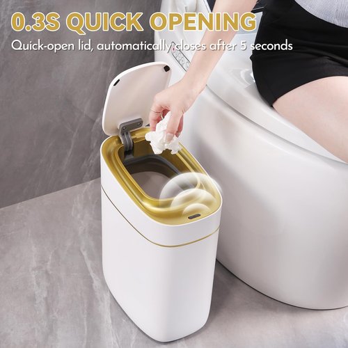 ELPHECO Automatic Bathroom Trash Can with Lid 2.5 Gallon Slim Sensor Garbage Can, 9L Narrow Plastic Trash Bin, Waterproof Motion Sensor Trash Bin for Bedroom, Living Room, Narrow Space, Golden