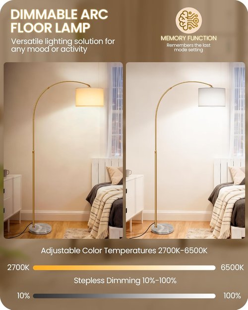 75" Arc Floor Lamp by DW15LD05 - Dimmable with Remote & Adjustable Height | Marble Base & Rotating Shade