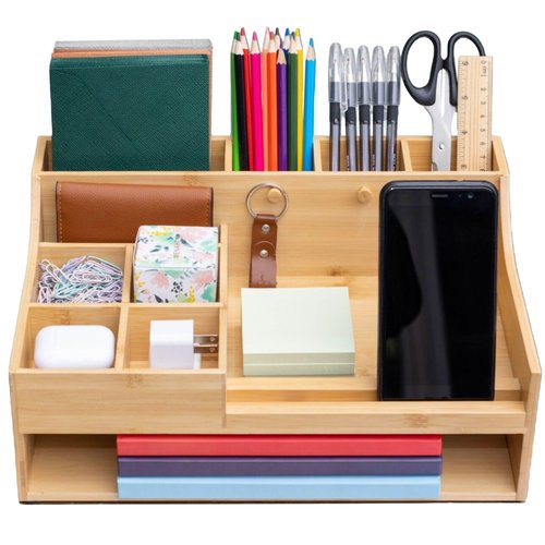 5in1 Bamboo Wood Desk Organizer with Cable Management Spacious Desk Storage & Phone Holder with Key Hooks Home & Office Supply Accessories. No Assembly