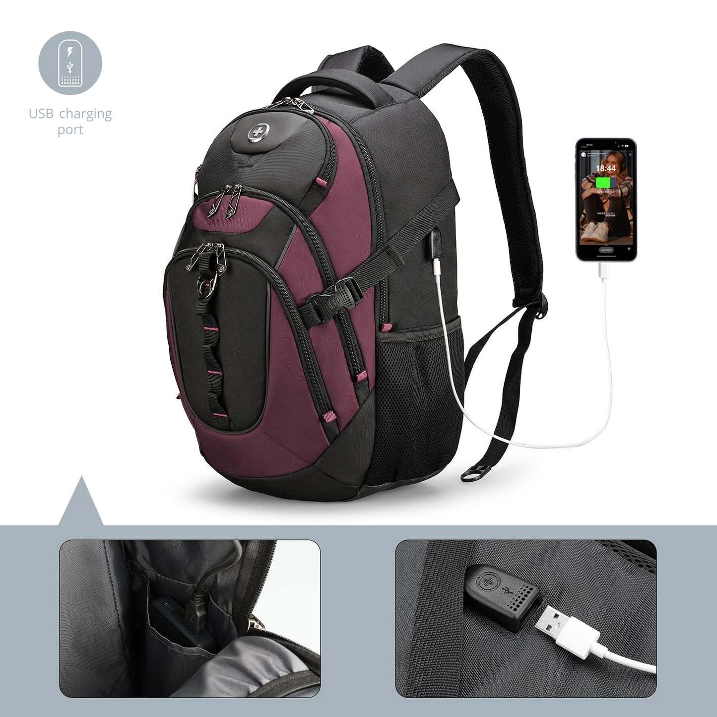 Swissdigital Design Laptop Backpack with USB Charging Port, Travel Backpack Fits 15.6 inches Computer, 31L College School Backpack for Women, Angola red/Black | SD803-44