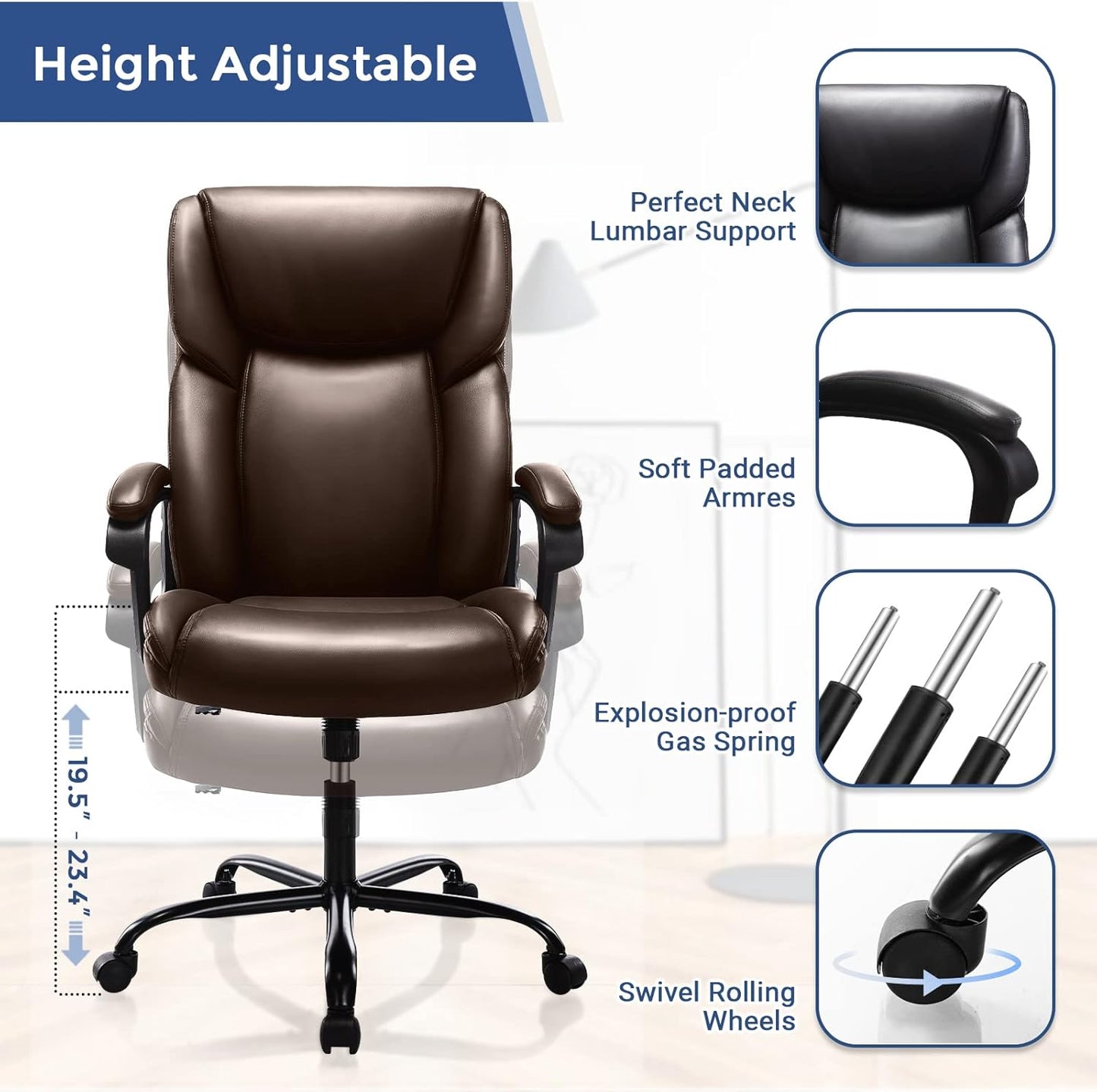 ZUNMOS Executive Office Chair - High Back Adjustable Height with Lumbar Support | Black Leather