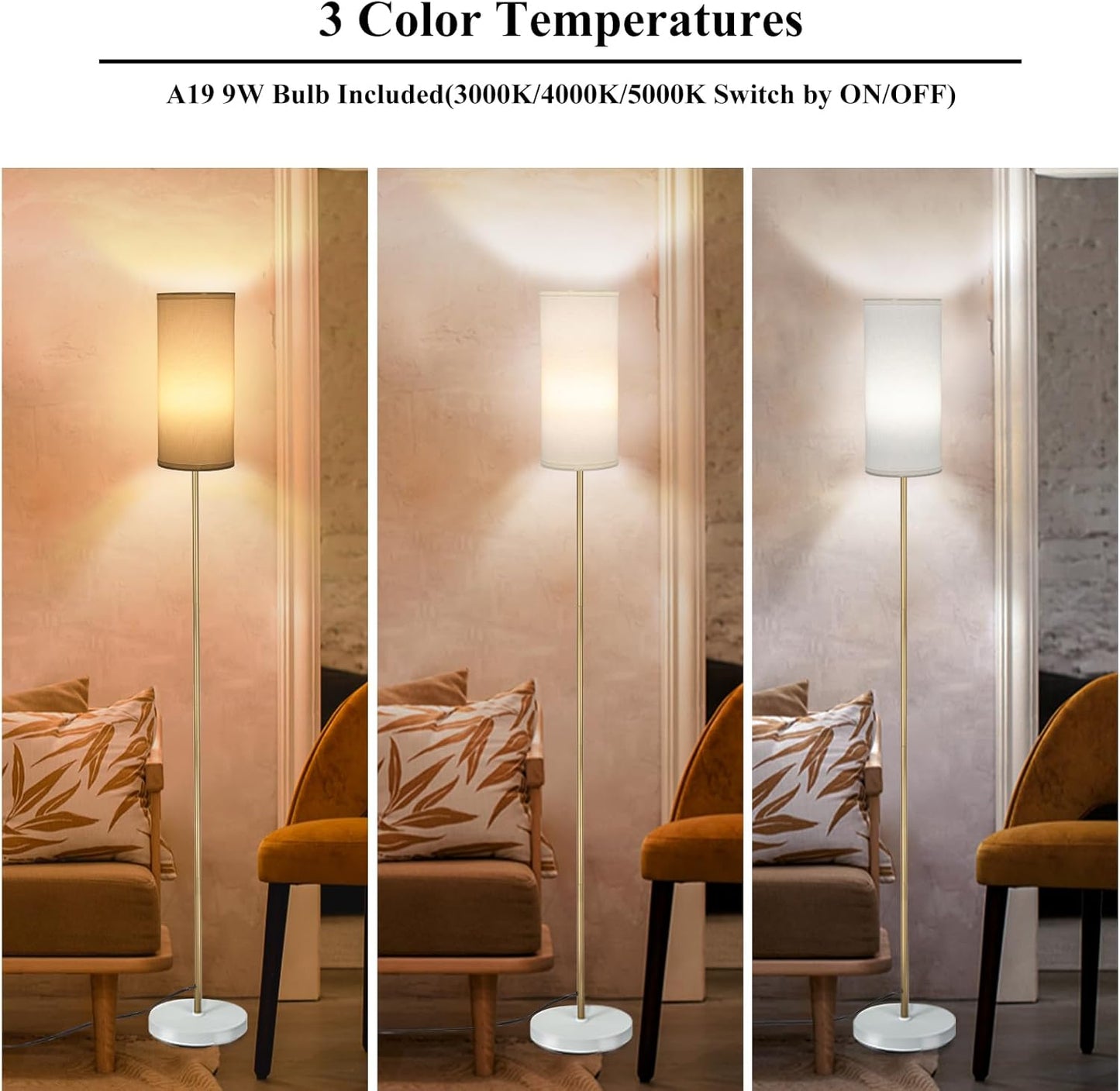 BoostArea Floor Lamp - Modern 3 Color Temperature Tall Lamp for Living Room & Office | White Linen Shade