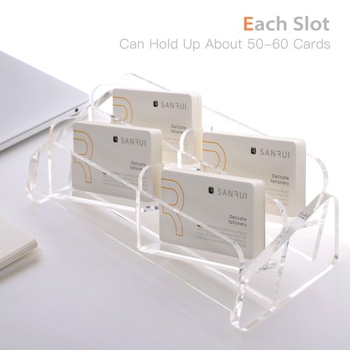 SANRUI Business Card Holder for Desk, Slant Clear Acrylic Desktop Cards Organizer, 2 Tier 4 Slots, Holds 240 Cards