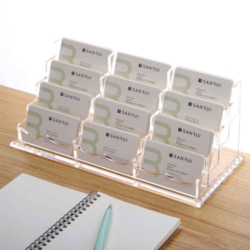SANRUI Business Card Holder for Desk Clear Acrylic Business Card Holders, Business Card Display Stand 4 Tier 12 Slots