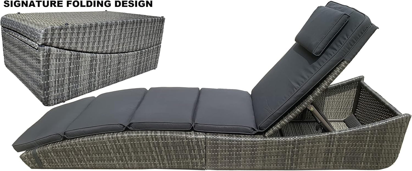 BTEXPERT Set of 2, Foldable Outdoor Chaise Pool Lounge Chairs Folding Wicker Rattan Sun Bed Patio Couch Reclining Lounger Adjustable Padded Backrest Pillow Assembled - Grey - Two