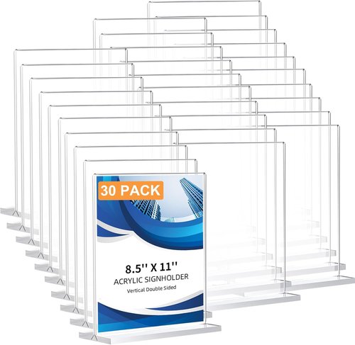 Acrylic Sign Holder 30 Pack - Double-Sided Clear T-Shape Display Stands | 8.5 x 11 Inches for Office & Events