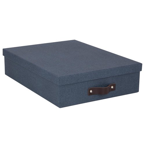 Bigso Oskar Canvas Fiberboard Document Letter Box - File Organizer Box for Important Paperwork - Document Storage with a Lid & Leather Handle - 3.3 in x 10.2 in x 13.8 in - Blue