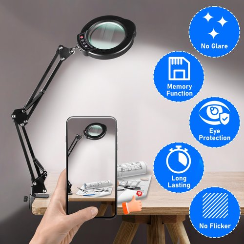 Jaenmsa 10X Magnifying Glass with Light and Stand, LED Desk Lamp with Base and Clamp, 5 Color Mode, 10 Dimmable Levels, Hands Free for Reading Crafts Jewelry Sewing Close Work