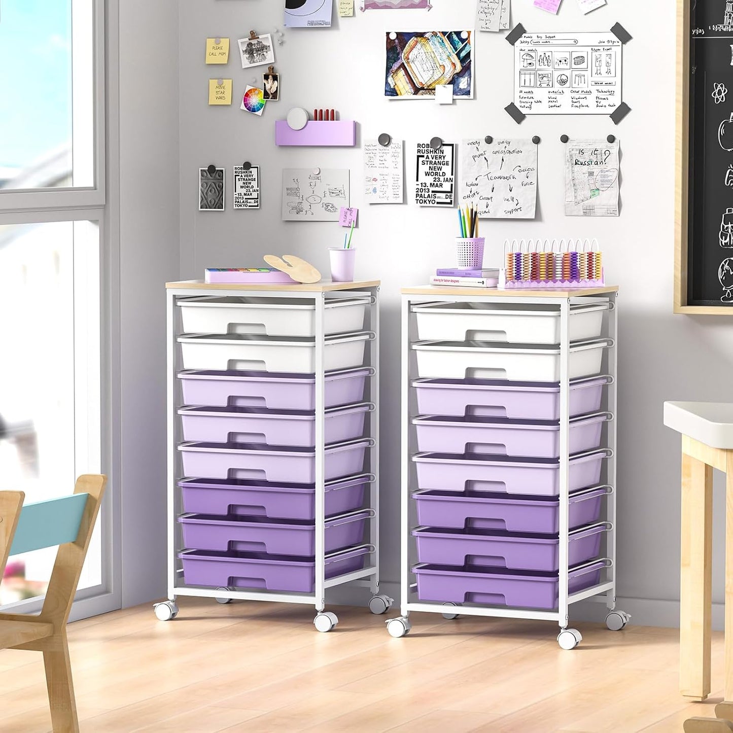 SYKIARIOL Rolling Utility Cart - 8 Drawer Storage with Wooden Tabletop for Home & Office | Purple