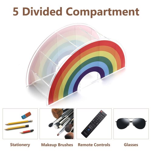 Flytreal Acrylic Pen Pencil Holder Clear Desk Organizer, Rainbow Home Office Desk Pen Storage Stand, Corner Desktop Stationery Organizer for Women Kids Students School Art Supplies