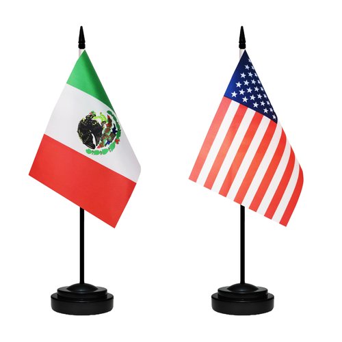 USA American & Mexico Mexican MX Desk Flags, US Mexico Table Flag, Small Mini American & Mexican MX Twin Table Office Flag, Miniature Mexican MX and US Desktop Flag With 13" Solid Black Pole, Black Base