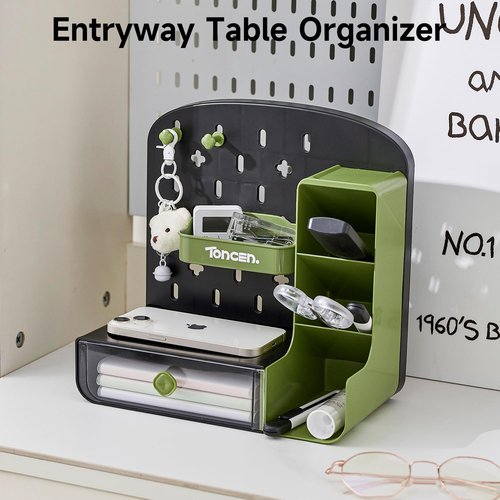 UFORU Desk Organizer with Drawers, Wall-Mounted Storage Panel with Hooks Shelves, Space-Saving Multi-Purpose Pen Holder for Home Office, Kitchen, Workshop (Greener)