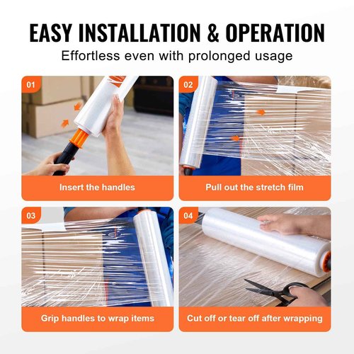 VEVOR Stretch Film, 15 inches x 1000 feet, 60 Gauge Industrial Strength Clear Durable Stretch Wrap Roll, Heavy Duty Shrink Film Stretch Wrap with Handles for Pallet Wrapping Shipping Moving, 3 Pack