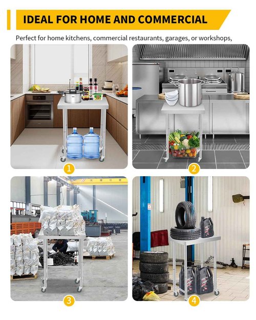 16"x24" Stainless Steel Table, 300LBS Open Base Table, NSF Commercial Metal Prep Table with Lockable Wheels, Single Tier Utility Workbench for Kitchen Garage Workshop Laundry, Heavy Duty