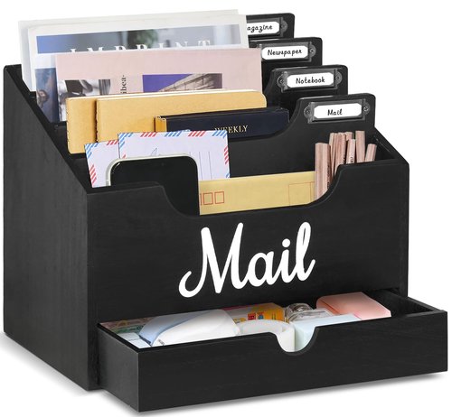 Gumihue Mail Holder with 4 Large Compartments and Drawer, Wood Mail Holder Sorter Holder,Countertop Desk Office Accessories for File Letter Paper Folder, Drawer Storage