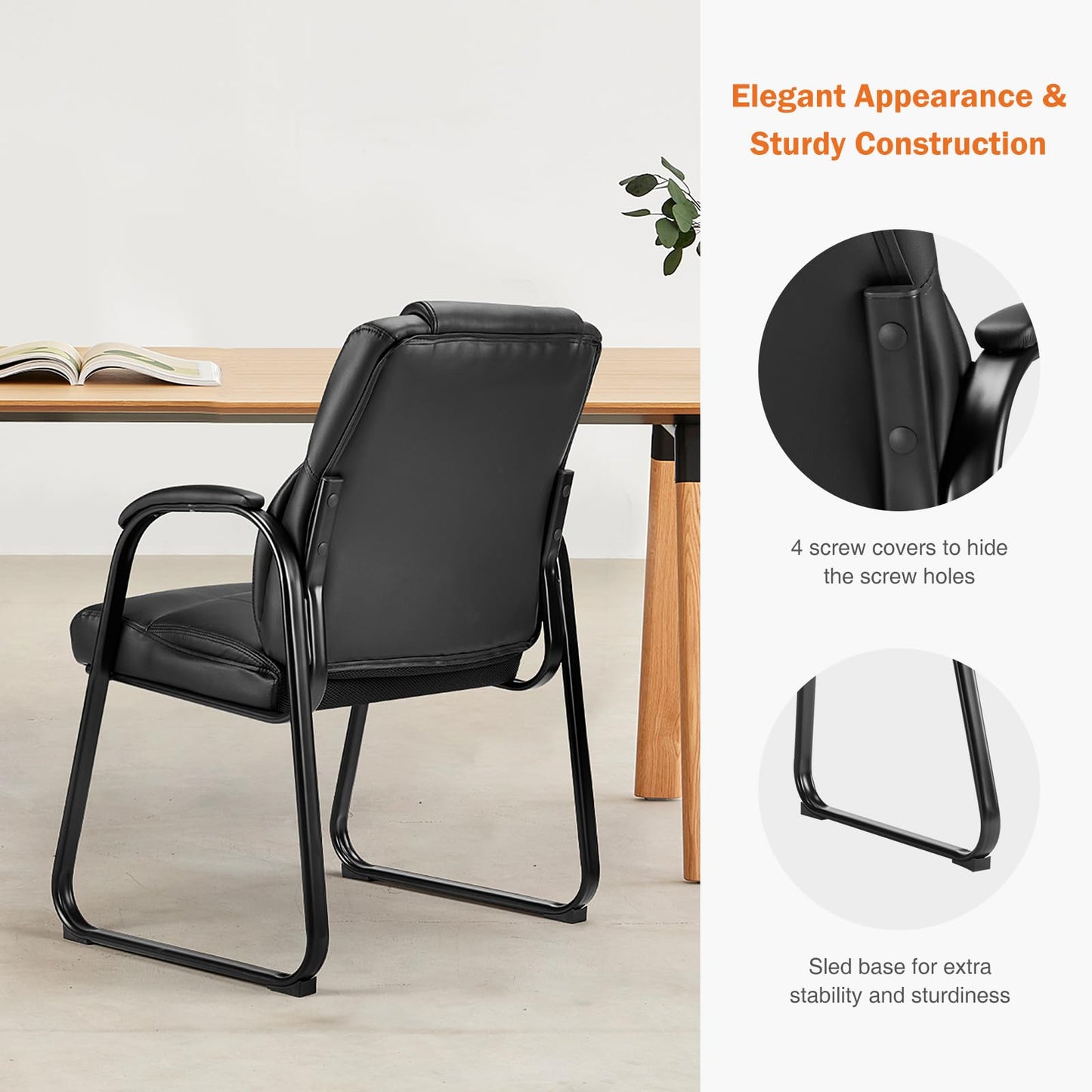 Sweetcrispy Waiting Room Guest Chair, Stationary Office Reception Chairs No Wheel, Comfy Padded Arms and Seld Base, for Conference Room Lobby Home Computer Desk Bedroom Elderly, Deep Black