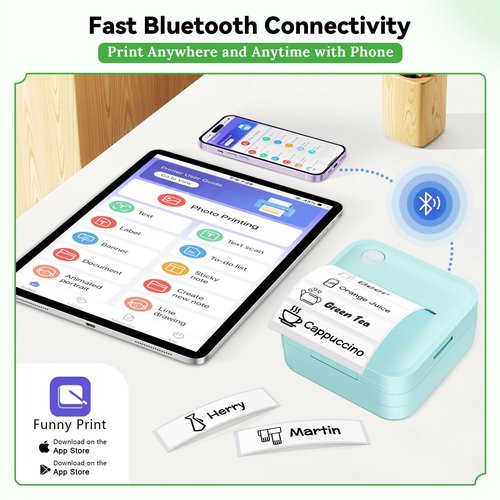 Miouca Label Maker Machine with Tape - 14 Sizes Mini Sticker Printer Bluetooth Label Printer for Home Office Organization, Portable Thermal Sticker Maker Print Pod with Multiple Templates for Phone