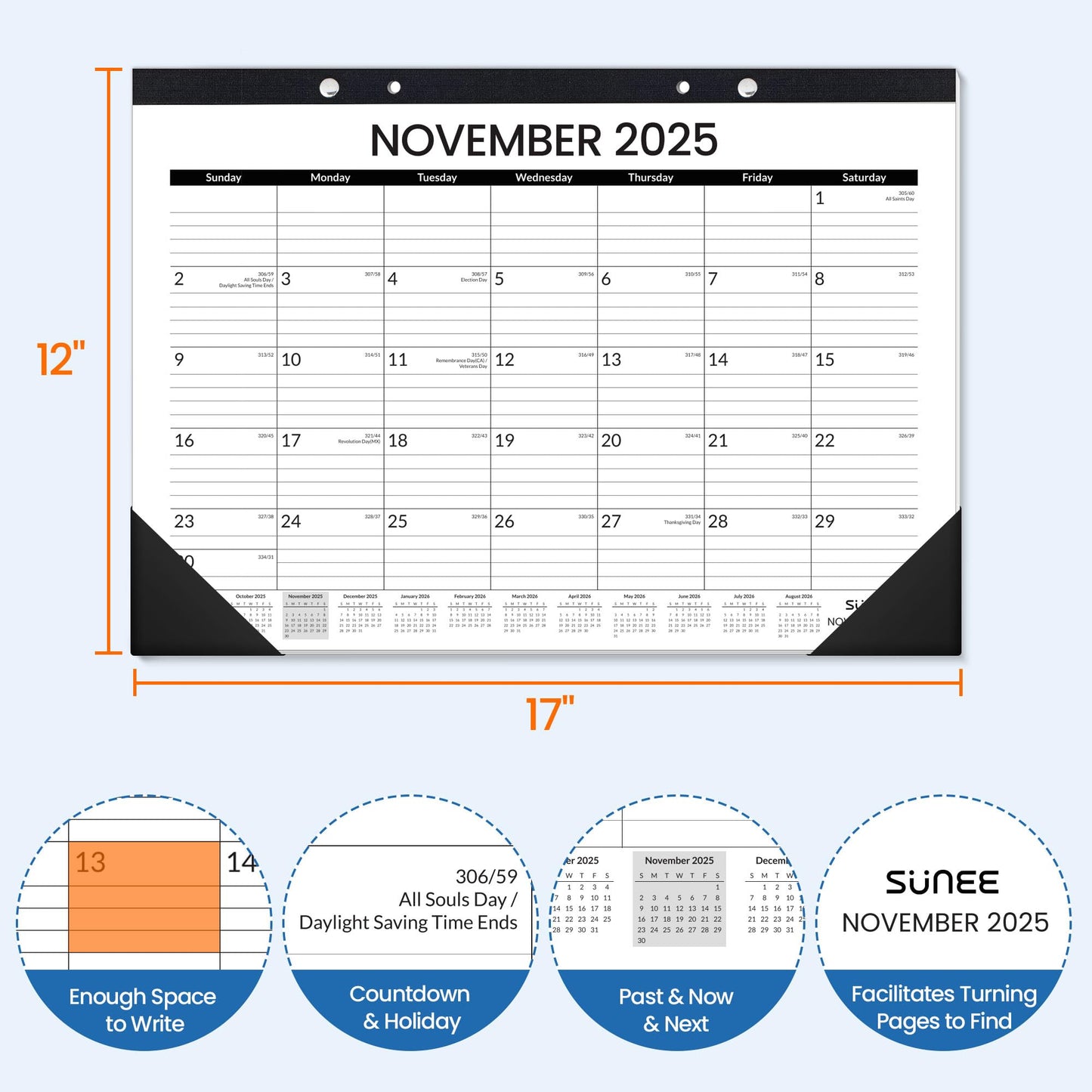 SUNEE Desk Calendar 2026, 18 Months from Oct. 2025 to Mar. 2027, 17"x12" Academic 2026 Calendar for Home, School, or Office Desk Top Organizing, Black Monthy Calendar 2026