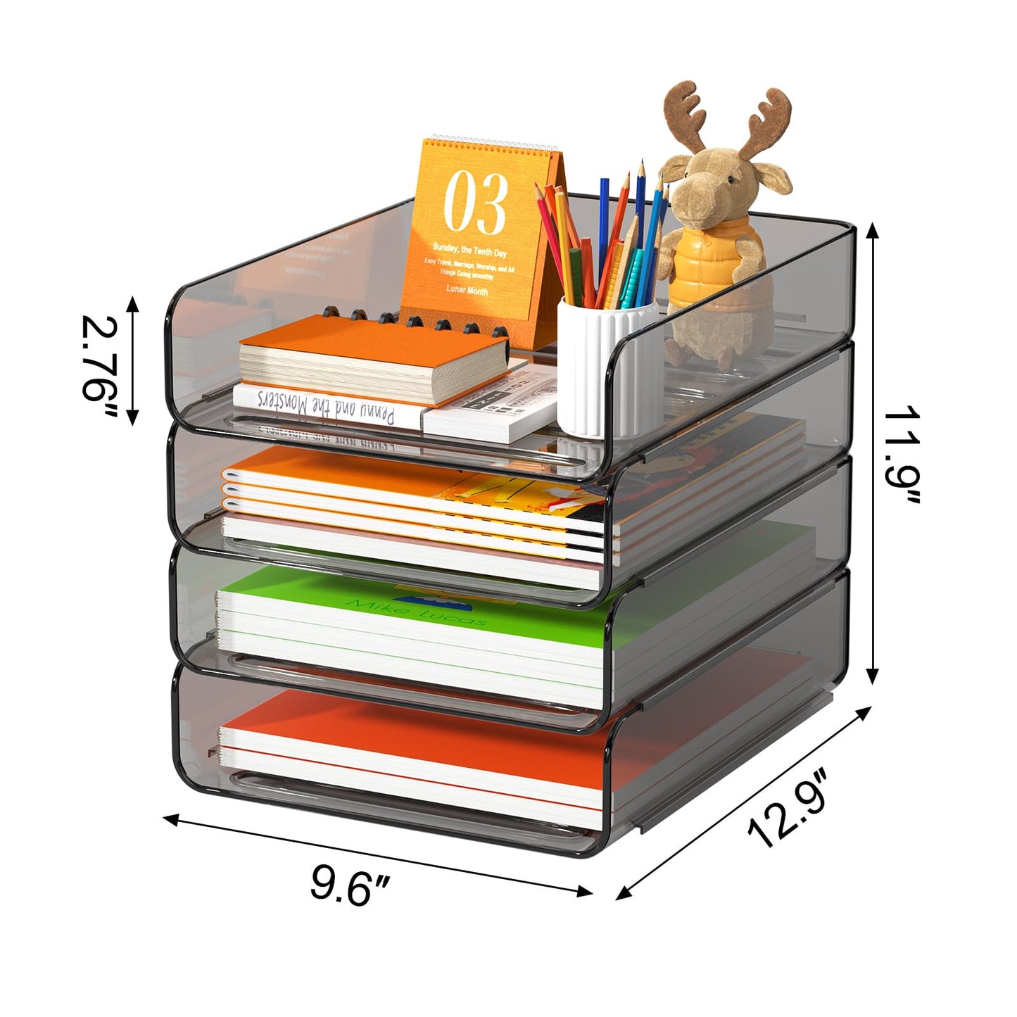 FANXIYQ 4-Tier Acrylic Paper Tray Organizer, Smoked Brown Stackable Desk File Organizer for Documents, Files, Letters, A4 Paper, Books, Notes, Mail & Paper Storage, Office Classroom Home