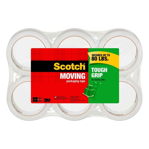 Scotch Tough Grip Moving Packaging Tape, 1.88" x 38.2 yd, Strong Hold on All Box Types Including Recycled, Secures Boxes up to 80 lbs, 3" Core, Clear, 6 Rolls (3500S-6)