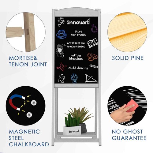INNOVART Magnetic A-Frame Chalkboard Sign, Sidewalk Sign 45" x 17" With Display Shelf, Free Standing Easel for Restaurant, Business, Wedding or Events, White